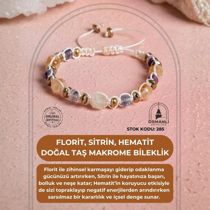 Sertifikalı Florit, Sitrin, Hematit Doğal Taş Makrome Bileklik (SK:285) - 2