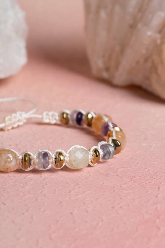 Sertifikalı Florit, Sitrin, Hematit Doğal Taş Makrome Bileklik (SK:285) - 3