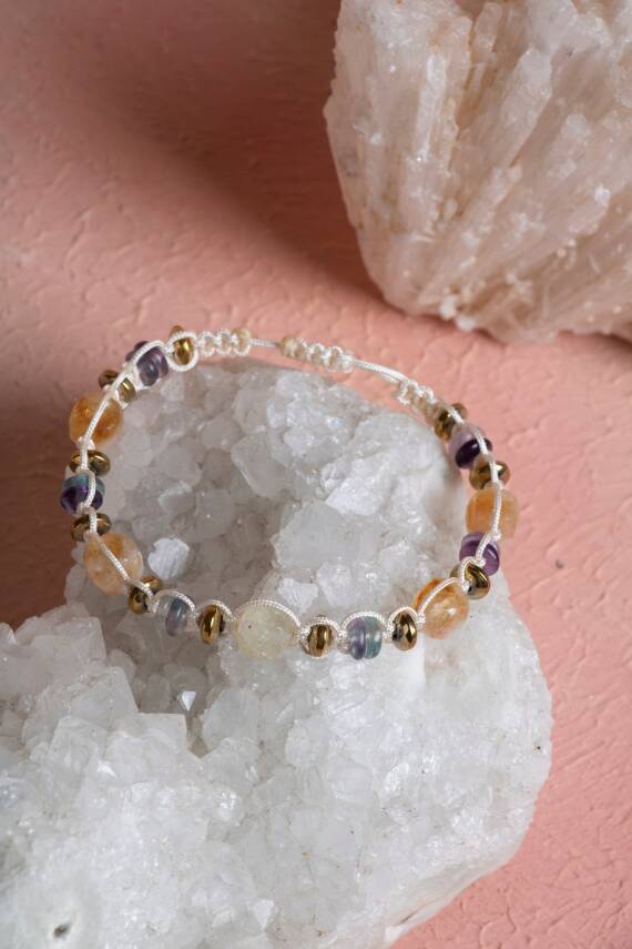 Sertifikalı Florit, Sitrin, Hematit Doğal Taş Makrome Bileklik (SK:285) - 5