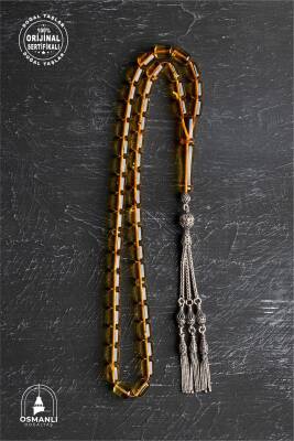 Sertifikalı Fosilli 8-10 mm Kapsül Kesim Gümüş İmame ve Püsküllü Kehribar Tesbih - Osmanlı Doğaltaş