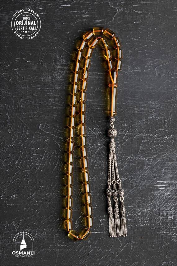 Sertifikalı Fosilli 8-10 mm Kapsül Kesim Gümüş İmame ve Püsküllü Kehribar Tesbih - 1