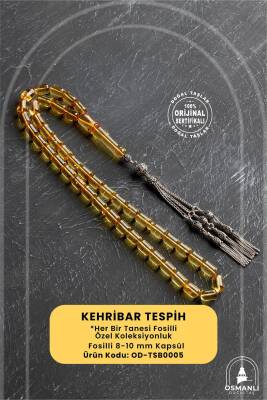 Sertifikalı Fosilli 8-10 mm Kapsül Kesim Gümüş İmame ve Püsküllü Kehribar Tesbih - 2