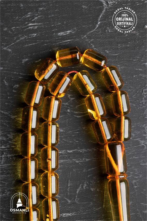 Sertifikalı Fosilli 8-10 mm Kapsül Kesim Gümüş İmame ve Püsküllü Kehribar Tesbih - 4