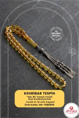 Sertifikalı Fosilli 8-10 mm Kapsül Kesim Gümüş İmame ve Püsküllü Kehribar Tesbih - 1