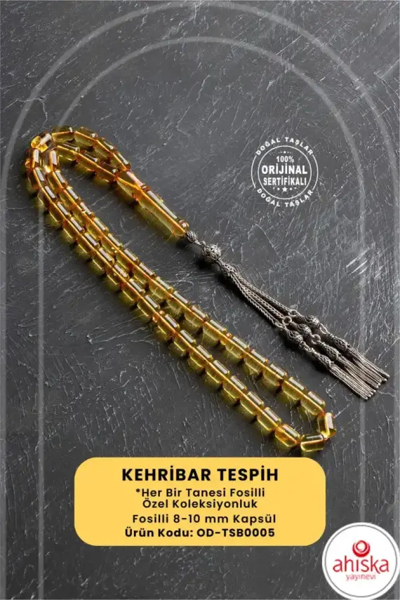 Sertifikalı Fosilli 8-10 mm Kapsül Kesim Gümüş İmame ve Püsküllü Kehribar Tesbih - 1