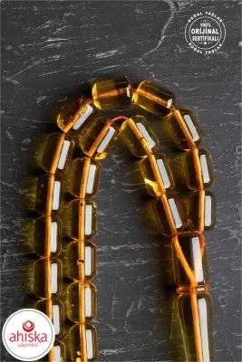 Sertifikalı Fosilli 8-10 mm Kapsül Kesim Gümüş İmame ve Püsküllü Kehribar Tesbih - Doğal Taş (1)