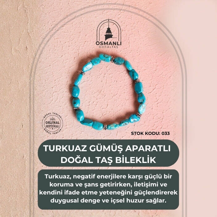 Sertifikalı Gümüş Aparatlı Firuze(Turkuaz) Doğal Taş Bileklik (SK:033) - 2