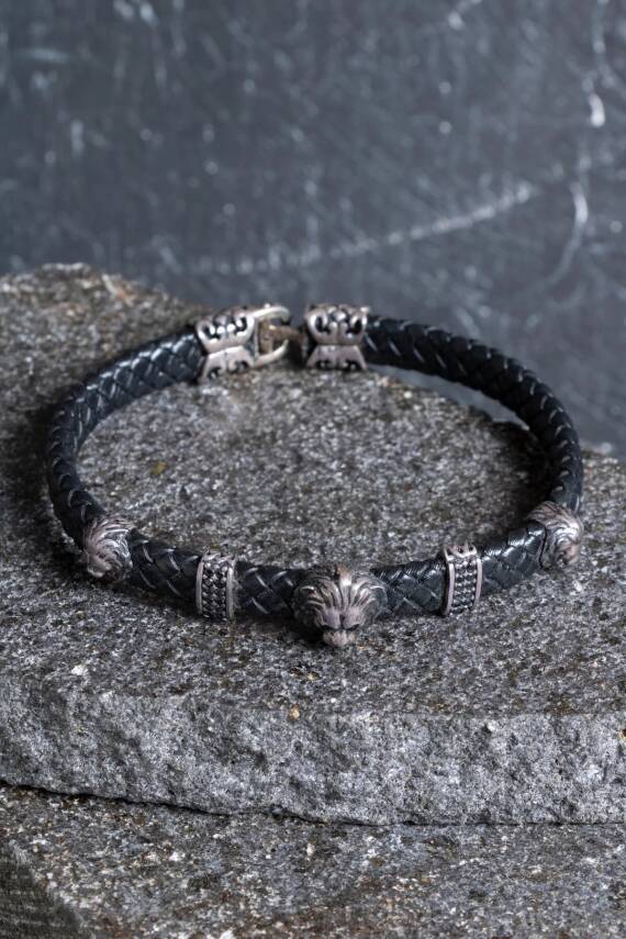 Sertifikalı Gümüş Aslan Detaylı Deri Bileklik (SK:194) - 1