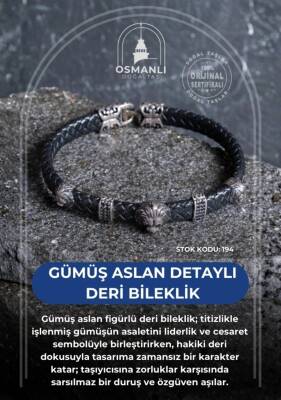 Sertifikalı Gümüş Aslan Detaylı Deri Bileklik (SK:194) - 2