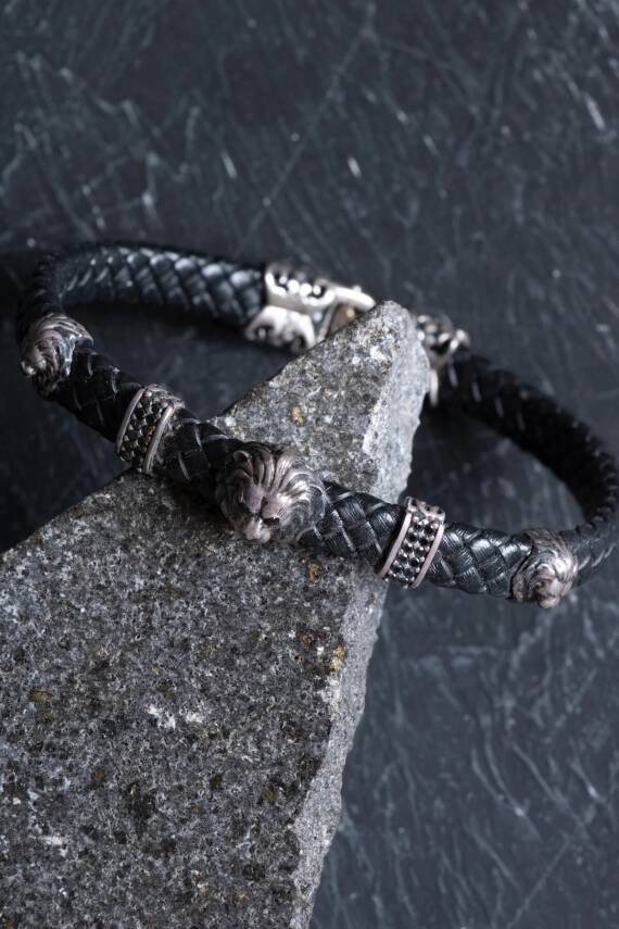 Sertifikalı Gümüş Aslan Detaylı Deri Bileklik (SK:194) - 3