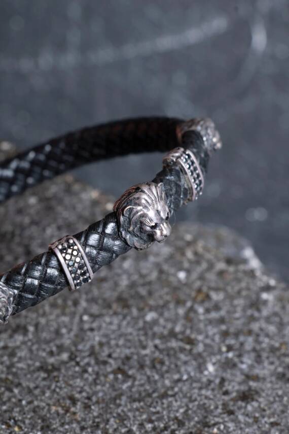 Sertifikalı Gümüş Aslan Detaylı Deri Bileklik (SK:194) - 5