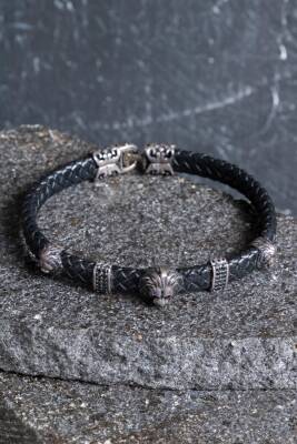 Sertifikalı Gümüş Aslan Detaylı Deri Bileklik (SK:194) - Osmanlı Doğal Taş