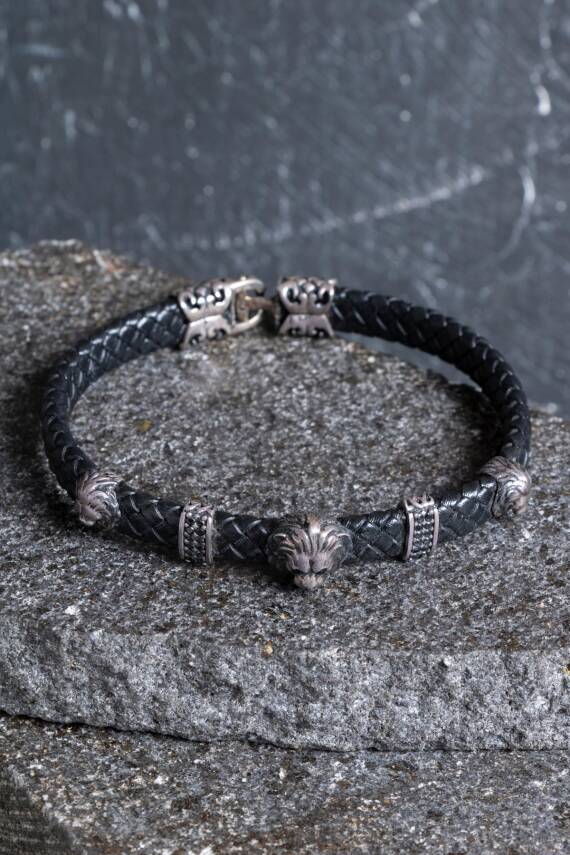 Sertifikalı Gümüş Aslan Detaylı Deri Bileklik (SK:194) - 1