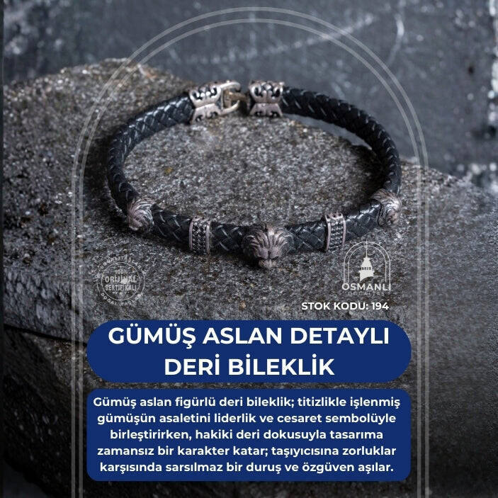 Sertifikalı Gümüş Aslan Detaylı Deri Bileklik (SK:194) - 2