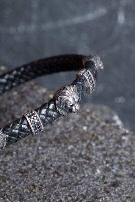 Sertifikalı Gümüş Aslan Detaylı Deri Bileklik (SK:194) - 3