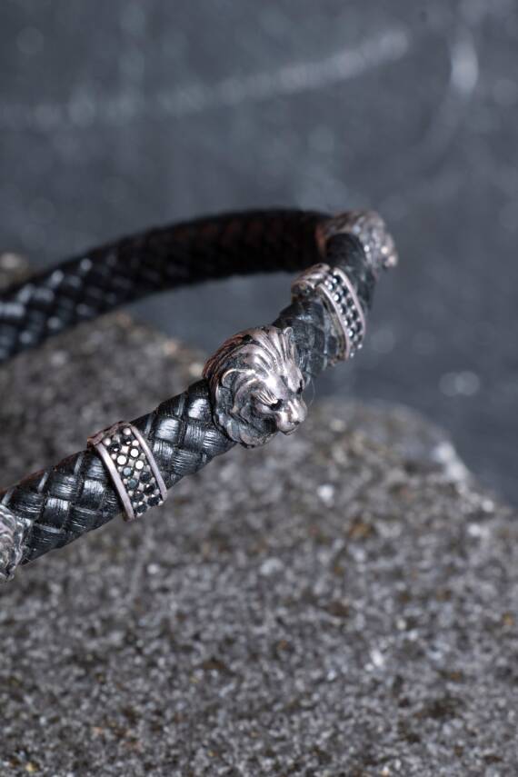 Sertifikalı Gümüş Aslan Detaylı Deri Bileklik (SK:194) - 3