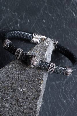 Sertifikalı Gümüş Aslan Detaylı Deri Bileklik (SK:194) - 5