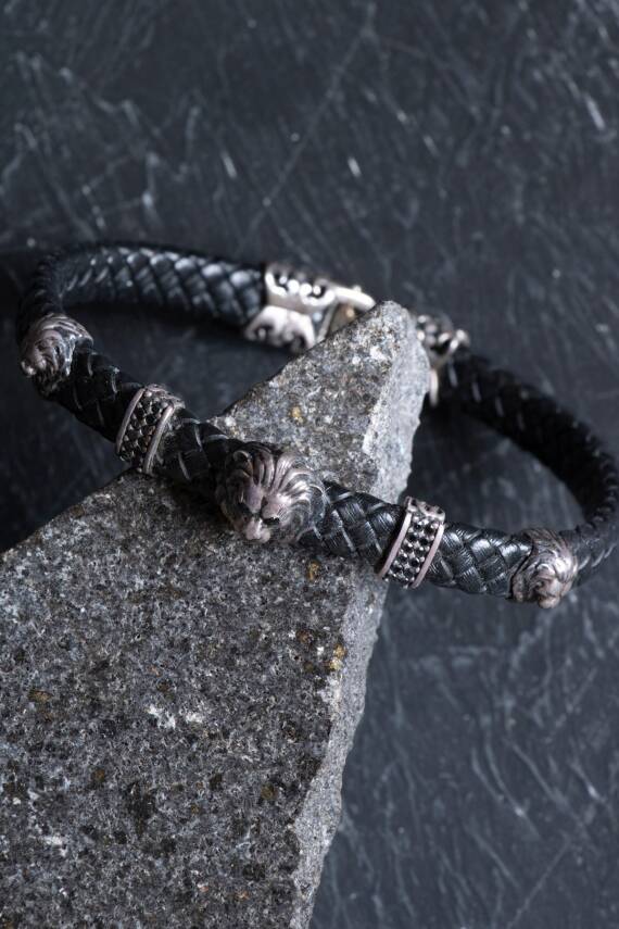 Sertifikalı Gümüş Aslan Detaylı Deri Bileklik (SK:194) - 5