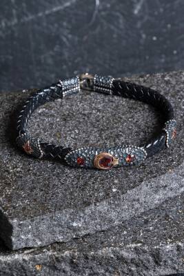 Sertifikalı Gümüş Ay Yıldız Detaylı Deri Bileklik (SK:195) - Osmanlı Doğal Taş