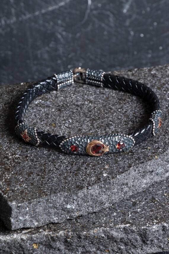 Sertifikalı Gümüş Ay Yıldız Detaylı Deri Bileklik (SK:195) - 1