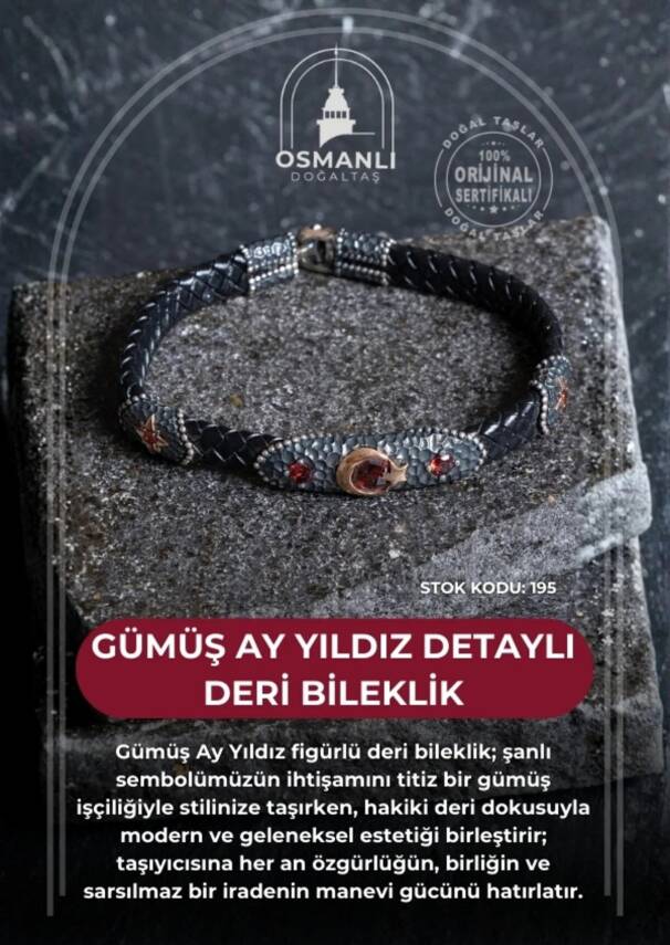 Sertifikalı Gümüş Ay Yıldız Detaylı Deri Bileklik (SK:195) - 2