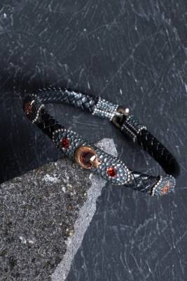 Sertifikalı Gümüş Ay Yıldız Detaylı Deri Bileklik (SK:195) - 3