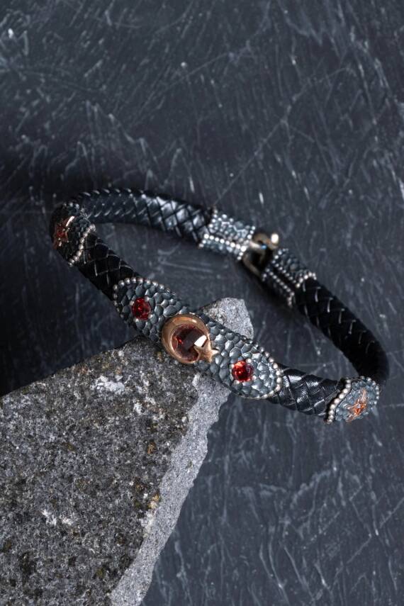 Sertifikalı Gümüş Ay Yıldız Detaylı Deri Bileklik (SK:195) - 3