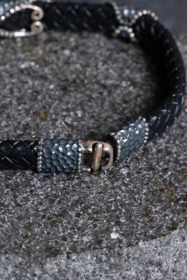 Sertifikalı Gümüş Ay Yıldız Detaylı Deri Bileklik (SK:195) - 4