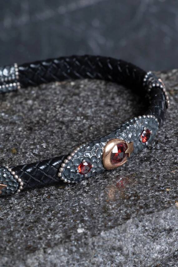 Sertifikalı Gümüş Ay Yıldız Detaylı Deri Bileklik (SK:195) - 5