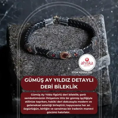 Sertifikalı Gümüş Ay Yıldız Detaylı Deri Bileklik (SK195) - Doğal Taş (1)