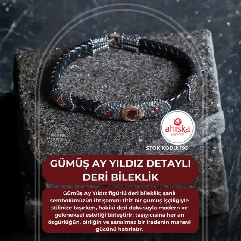 Sertifikalı Gümüş Ay Yıldız Detaylı Deri Bileklik (SK195) - 2