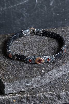 Sertifikalı Gümüş Ay Yıldız Detaylı Deri Bileklik (SK:195) - Osmanlı Doğal Taş