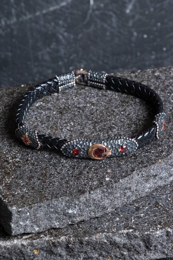 Sertifikalı Gümüş Ay Yıldız Detaylı Deri Bileklik (SK:195) - 1