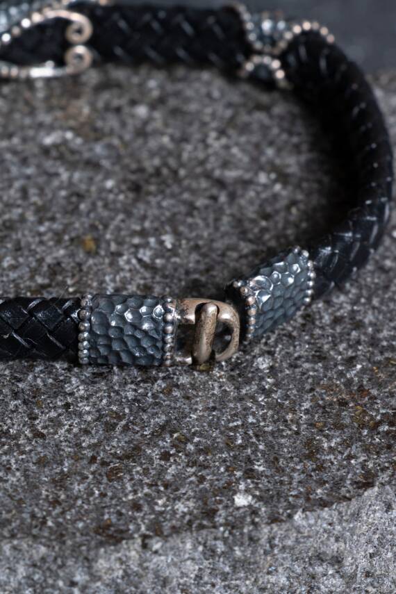 Sertifikalı Gümüş Ay Yıldız Detaylı Deri Bileklik (SK:195) - 4