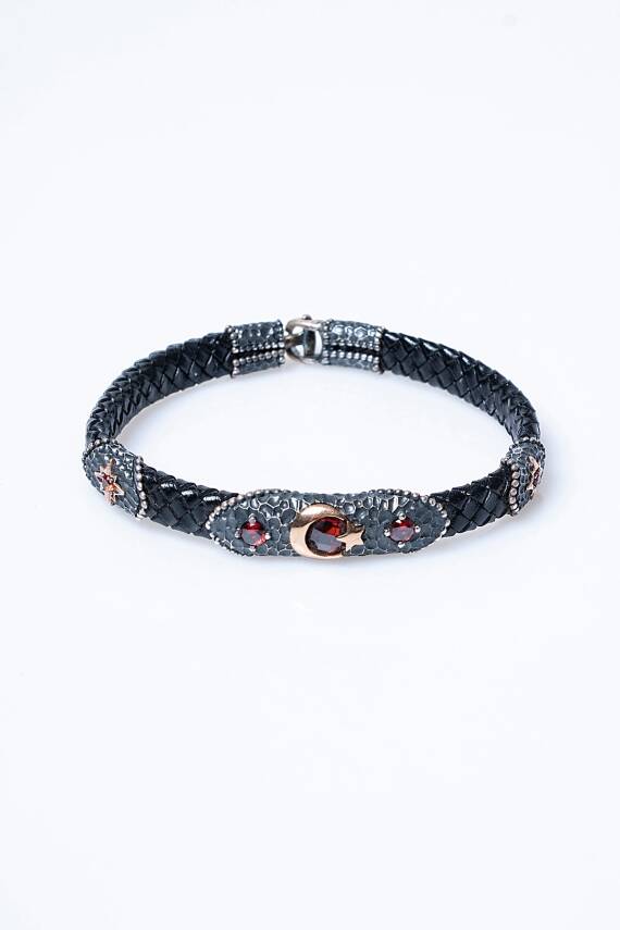 Sertifikalı Gümüş Ay Yıldız Detaylı Deri Bileklik (SK:195) - 6