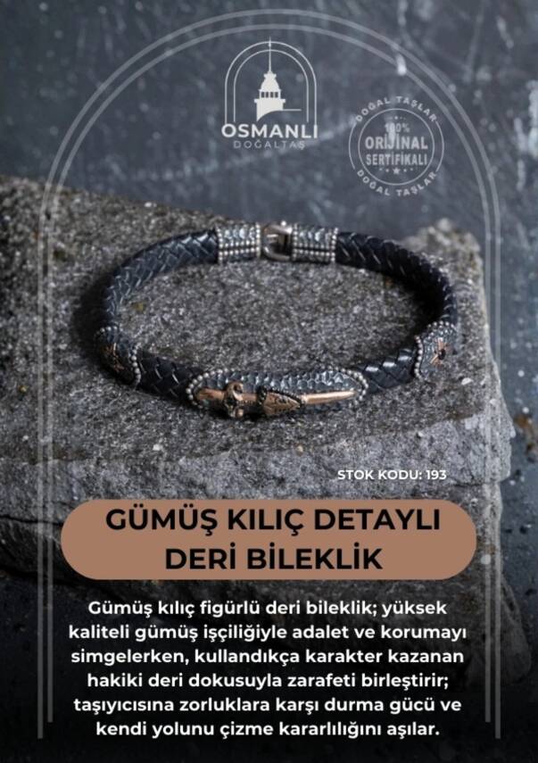 Sertifikalı Gümüş Kılıç Detaylı Deri Bileklik (SK:193) - 2