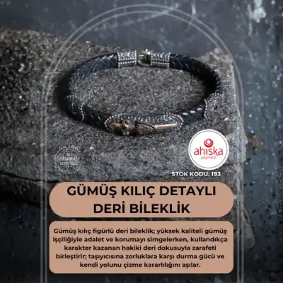 Sertifikalı Gümüş Kılıç Detaylı Deri Bileklik (SK193) - Doğal Taş (1)