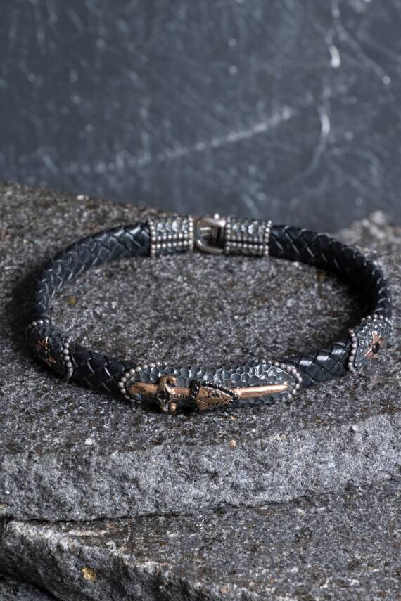 Sertifikalı Gümüş Kılıç Detaylı Deri Bileklik (SK:193) - 1