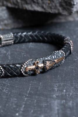 Sertifikalı Gümüş Kılıç Detaylı Deri Bileklik (SK:193) - 3