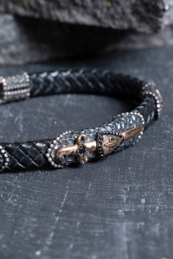 Sertifikalı Gümüş Kılıç Detaylı Deri Bileklik (SK:193) - 3