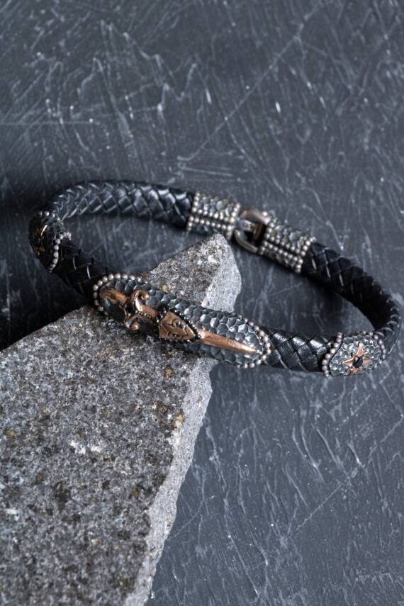 Sertifikalı Gümüş Kılıç Detaylı Deri Bileklik (SK:193) - 5