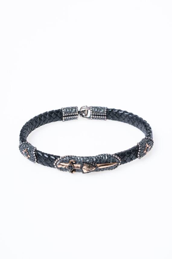 Sertifikalı Gümüş Kılıç Detaylı Deri Bileklik (SK:193) - 6