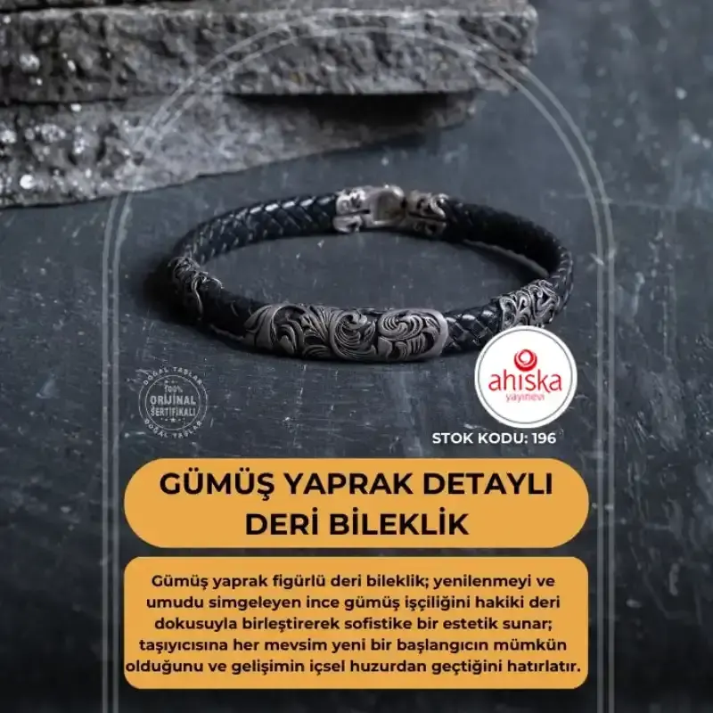 Sertifikalı Gümüş Yaprak Detaylı Deri Bileklik (SK196) - 2