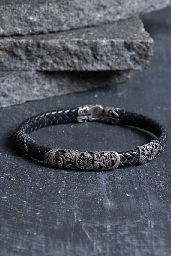 Sertifikalı Gümüş Yaprak Detaylı Deri Bileklik (SK:196) - 1