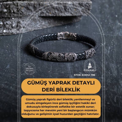 Sertifikalı Gümüş Yaprak Detaylı Deri Bileklik (SK:196) - 2