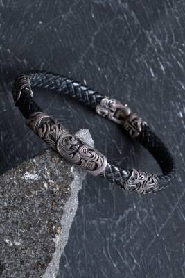 Sertifikalı Gümüş Yaprak Detaylı Deri Bileklik (SK:196) - 3