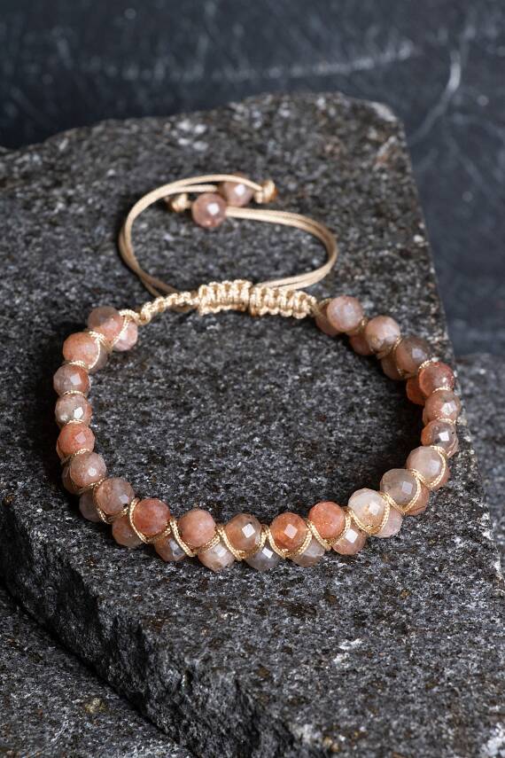 Sertifikalı Güneş Taşı Çift Sıra Doğal Taş Makrome Bileklik-6 mm (SK:205) - 1