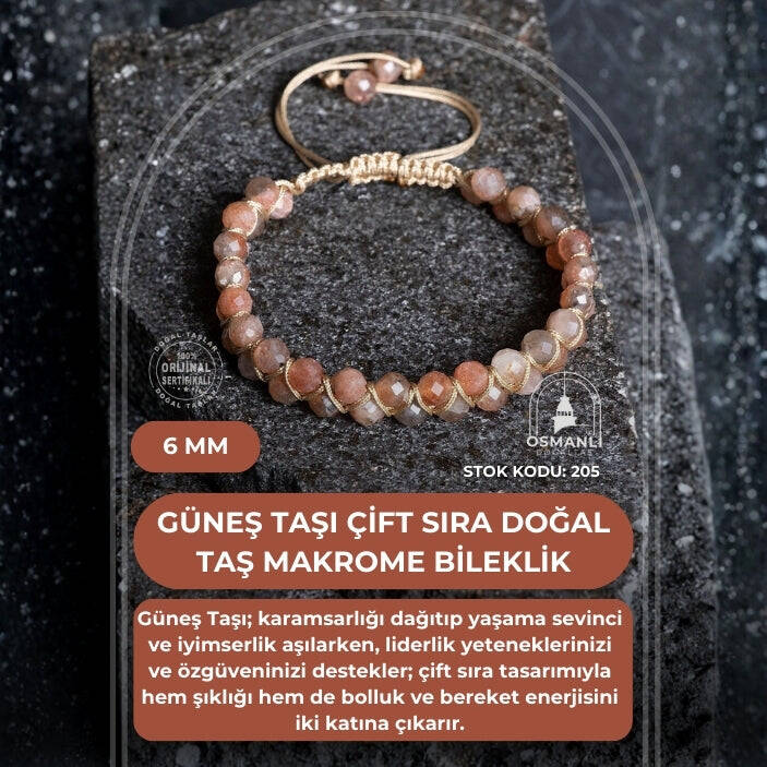 Sertifikalı Güneş Taşı Çift Sıra Doğal Taş Makrome Bileklik-6 mm (SK:205) - 2