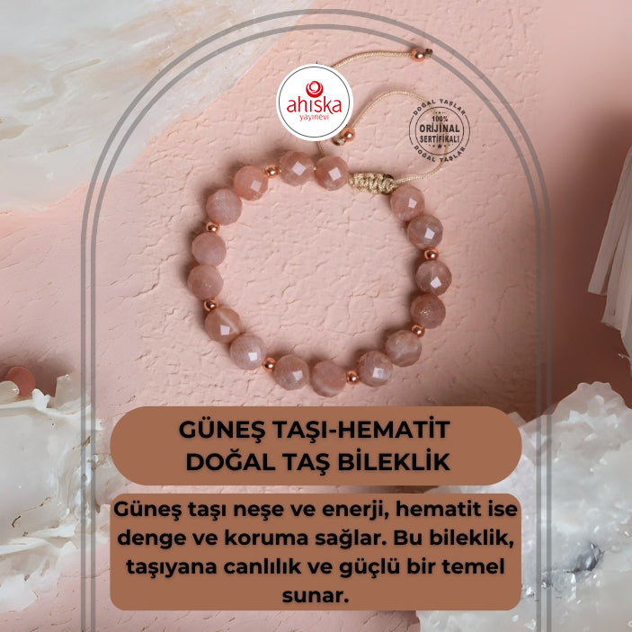 Sertifikalı Güneş Taşı, Hematit Doğal Taş Makrome Bileklik - 2