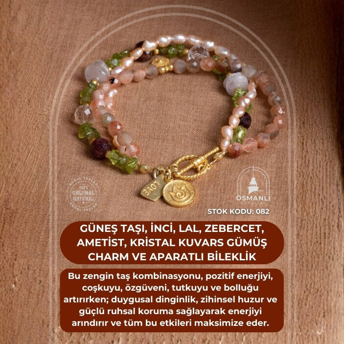 Sertifikalı Güneş Taşı, İnci, Lal, Zebercet, Ametist, Kristal Kuvars Gümüş Charm ve Aparatlı Bileklik (SK:082) - 2